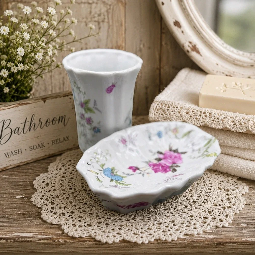 Vintage Floral Ceramic Soap Dish and Tumbler Set Pink Roses Blue Flowers 2pc